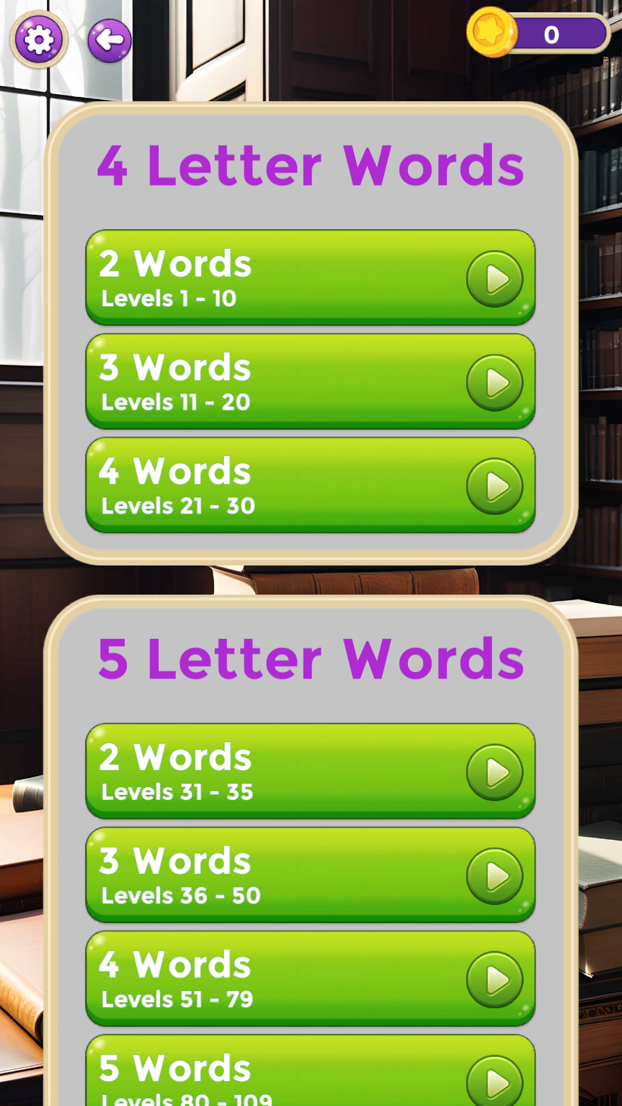 Easy Word Cross level selection screen showing puzzle progress