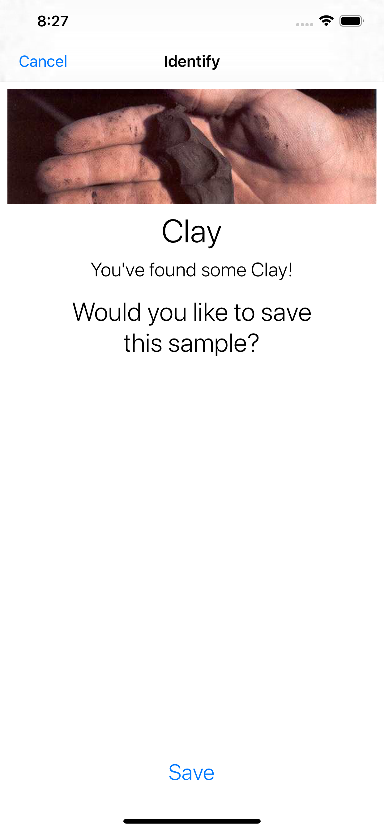Soil Type result screen identifying a clay soil sample