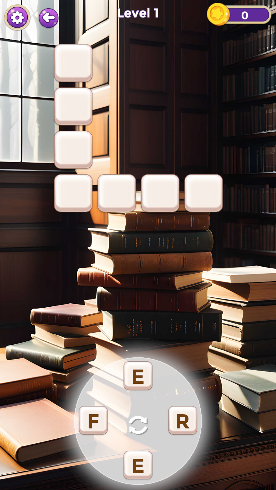 Easy Word Cross puzzle level with letter tiles and word grid