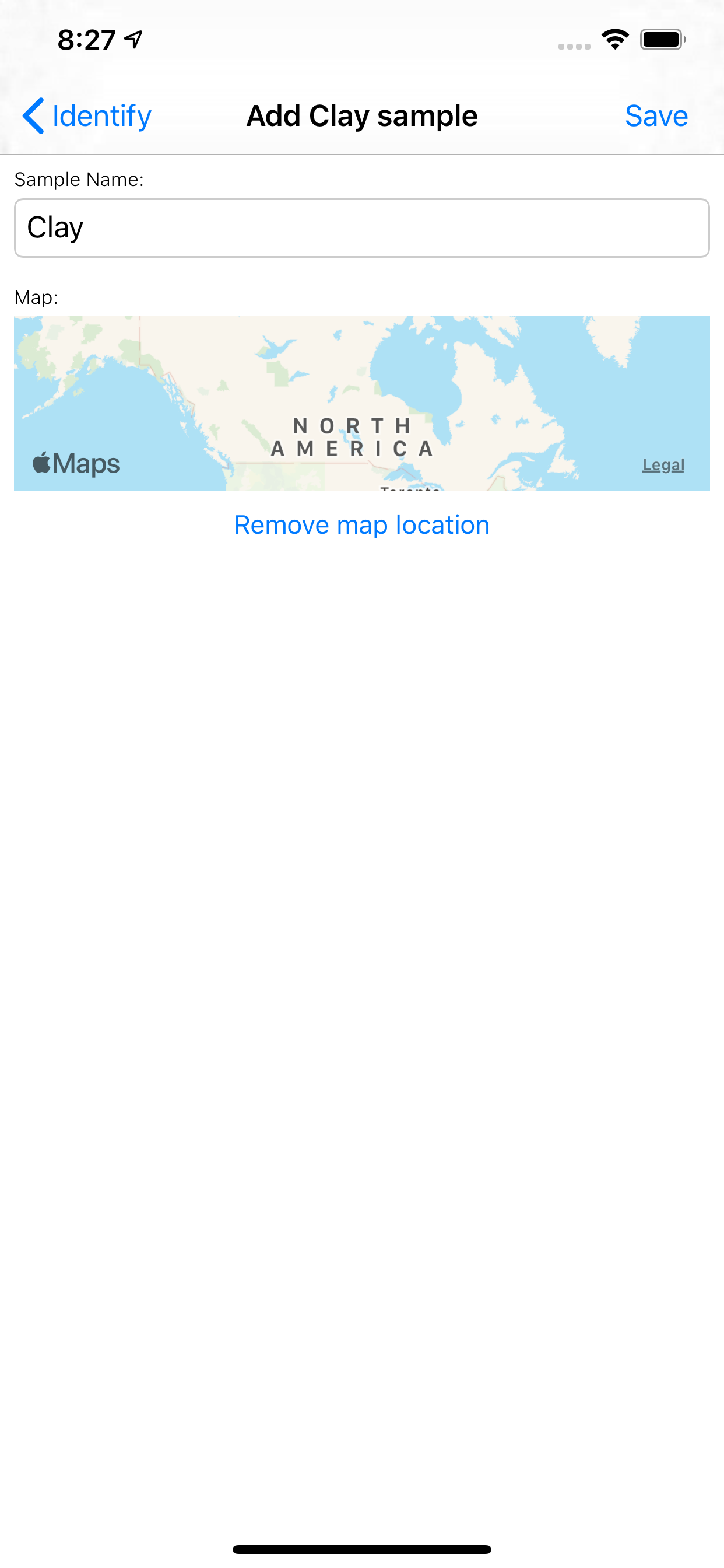 Soil Type save sample location screen