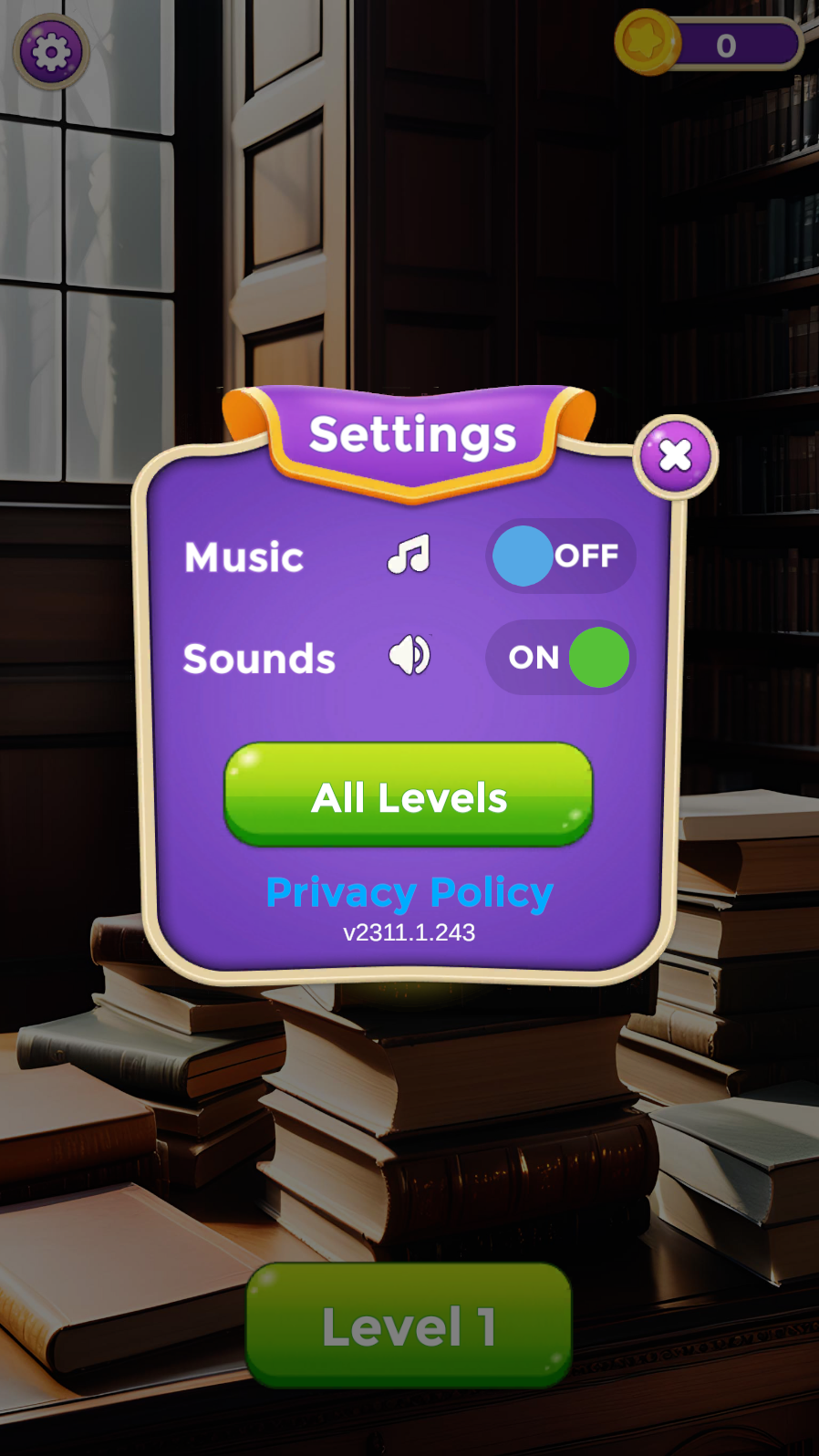 Easy Word Cross settings screen with gameplay options