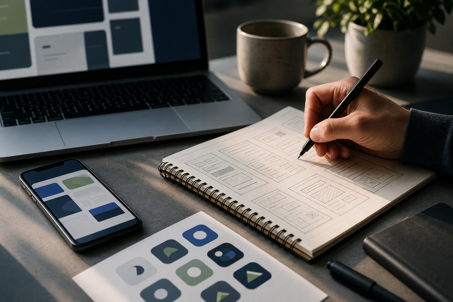 Product design workspace with wireframe sketches and abstract mobile app interface planning