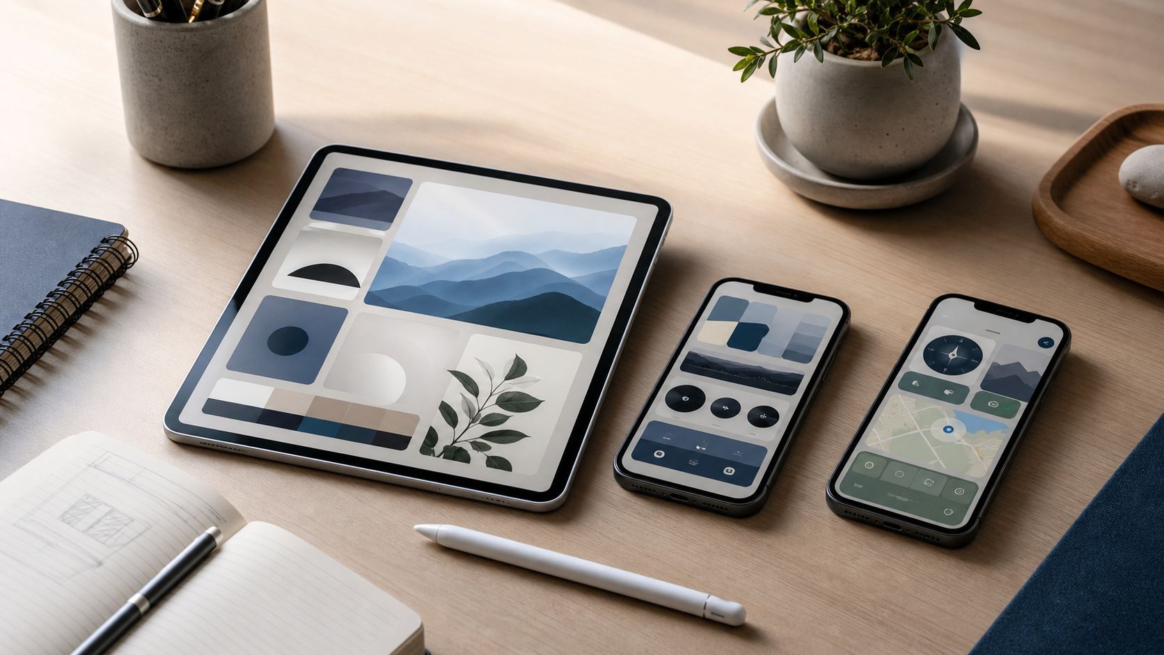 Mobile app product workspace with tablet and phones showing abstract app interfaces