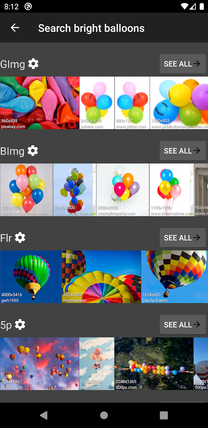 picTrove Android search results with photo thumbnails arranged by service