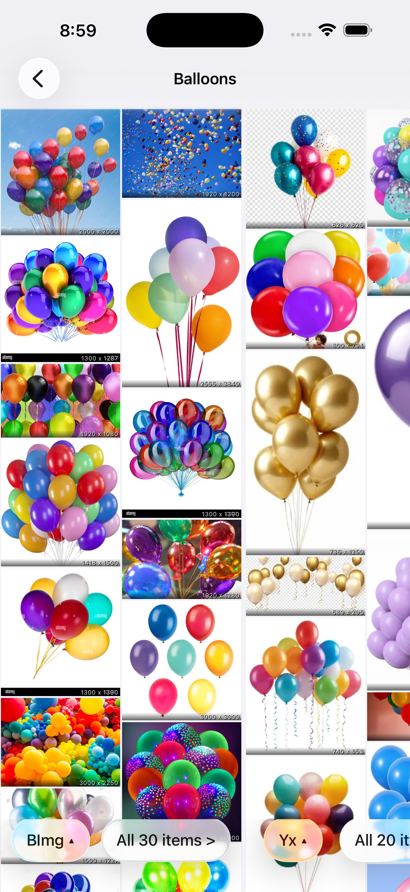 picTrove iPhone search results with photo thumbnails arranged by source